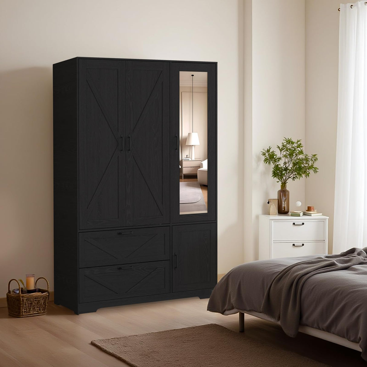 Hosnnile 72'' Armoire Wardrobe Closet with Mirror Door & Light, Farmhouse Bedroom Clothes Cabinet with 4 Doorrs + Hanging Rod + 2 Drawers, Wooden Wardrobe Cabinet with Adjustable Shelf for Bedroom Hosnnile