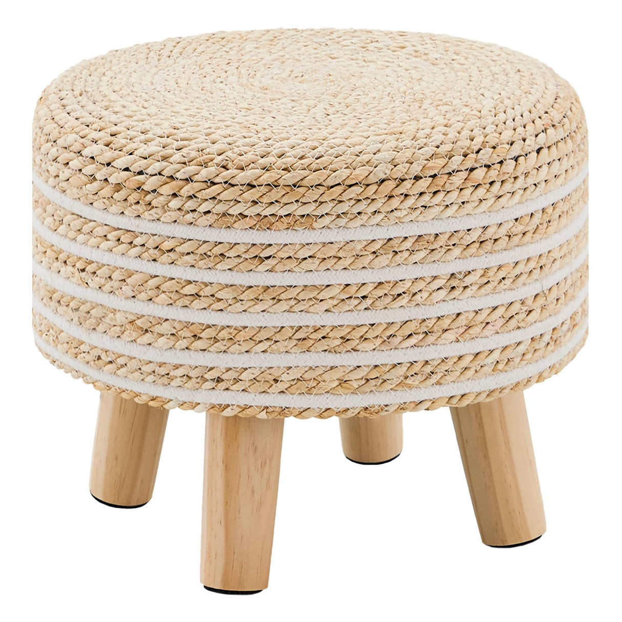 Cpintltr Round Seagrass Ottoman Footstool Handwoven Water Hyacinth Pouf with Solid Wood Legs Shoe Changing Stool Sturdy & Stylish Footrest for Living Room Balcony or Garden White Cpintltr
