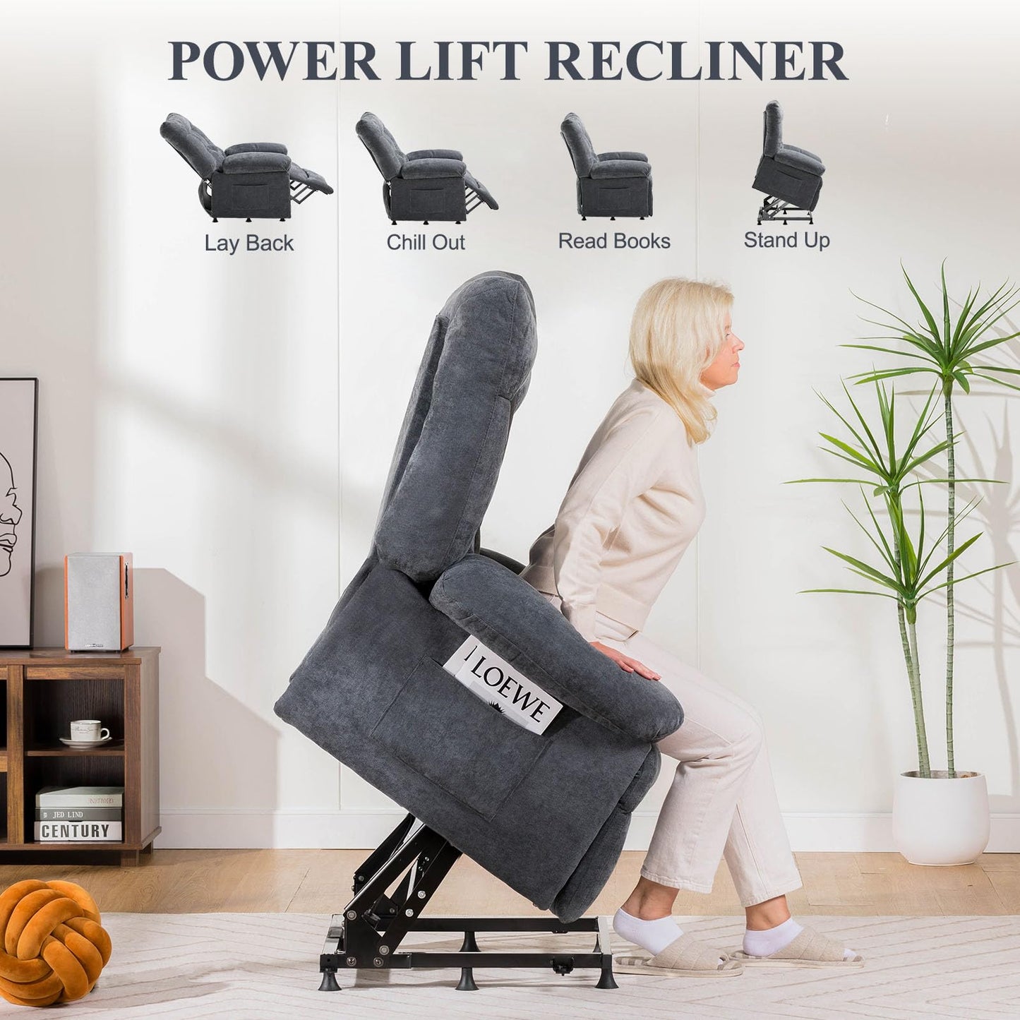 COMHOMA Power Lift Recliner, Oversized Recliner Chair for Big Tall Men and Elderly, Lift Chair Recliners with Side Pockets, Fabric Reclining Sofa Chair for Living Room, Bedroom (Grey)