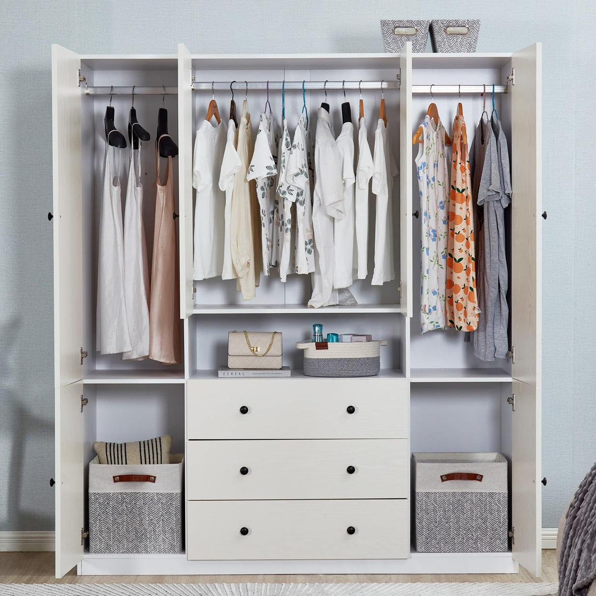 ModMakers 74" Tall 4 Doors 3 Drawers White Wood Wardrobe Closet Armoire Closets for Bedroom Freestanding Bathroom Wardrobe Cabinet with Hanging Rod Shleves Wooden Clothes Storage Organizer ModMakers