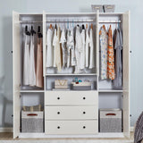 ModMakers 74" Tall 4 Doors 3 Drawers White Wood Wardrobe Closet Armoire Closets for Bedroom Freestanding Bathroom Wardrobe Cabinet with Hanging Rod Shleves Wooden Clothes Storage Organizer ModMakers