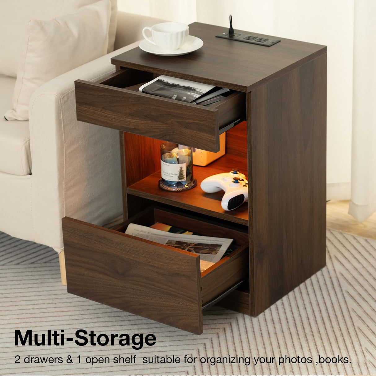 HOMMPA Set of 2 Open Shelf LED Nightstands with Charging Station Dark Walnut 2 Drawers Bedside Table with Led Light Smart Night Stand with Storage Wood Night Table Mid Century for Bedroom Furniture HOMMPA