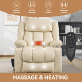 RHHVVR Electric Lift Chair Oversized, Dual Motor Power Lift Recliner Faux Leather Sofa with 8-Point Vibration Massage and Lumbar Heating, Stainless Steel Cup Holders for Elderly, Medium-Firm, Beige RHHVVR