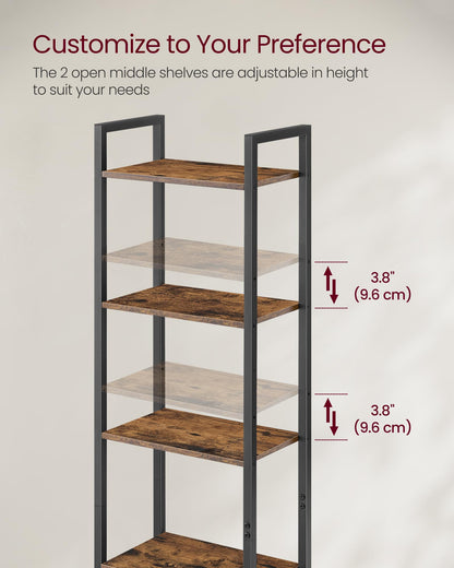 VASAGLE 6-Tier Bookshelf, Tall Bookcase with Door, Steel Frame, Adjustable Shelves, 9.4 x 15.7 x 62.8 Inches, Living Room Bedroom, Rustic Brown and Ink Black ULLS132K01