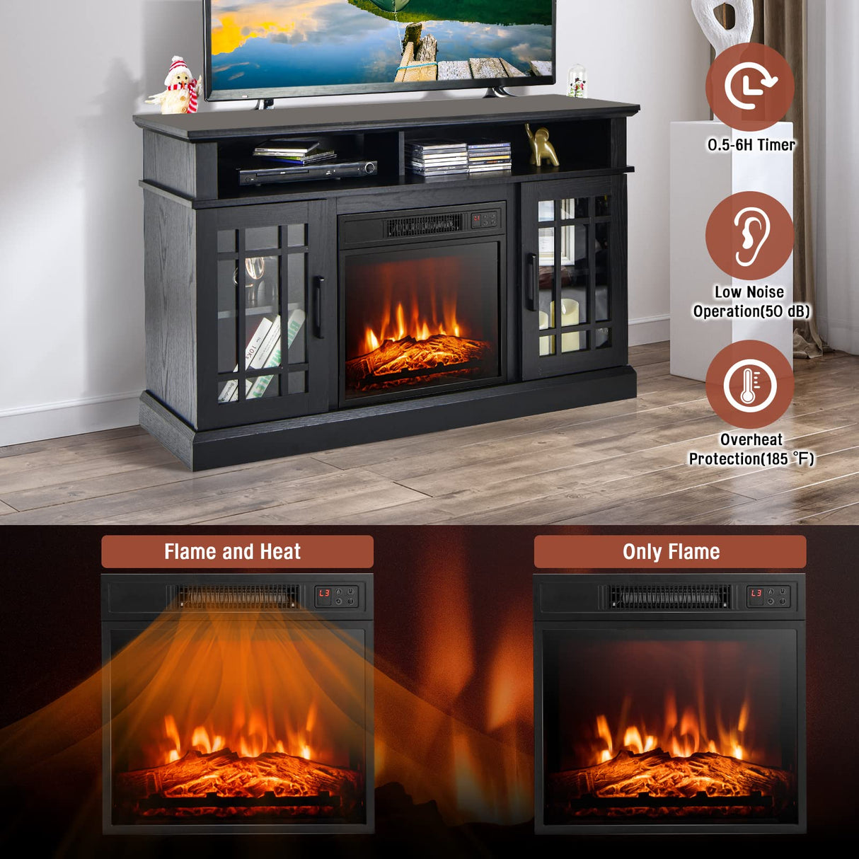GOFLAME Fireplace TV Stand for TV up to 55 Inches, Freestanding Wood Entertainment Center with 18” Electric Fireplace, 48" TV Console Table with 2 Open Storage Compartments and 2-Door Cabinet, Black GOFLAME