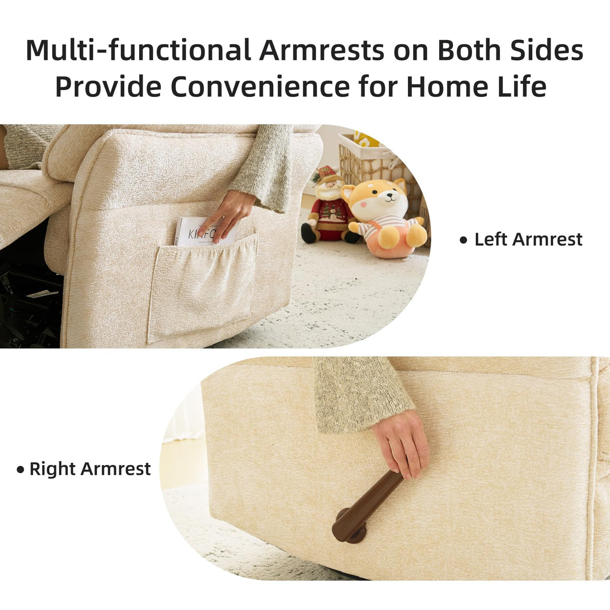 Rhevoy Oversized Recliner Chair, 26" Extra Wide 360° Swivel Rocker Recliner with Adjustable Headrest, Chenille Glider Rocking Nursery Chair with Overstuffed Armrest, Lumbar Support, Beige Rhevoy