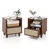 Giantex Rattan Nightstand with Drawer Set of 2, Boho Bamboo Bedside Table with Tempered Glass Top and Solid Wood Legs, 20" End Side Table with Storage, Night Stand for Bedroom, Living Room, Walnut Giantex
