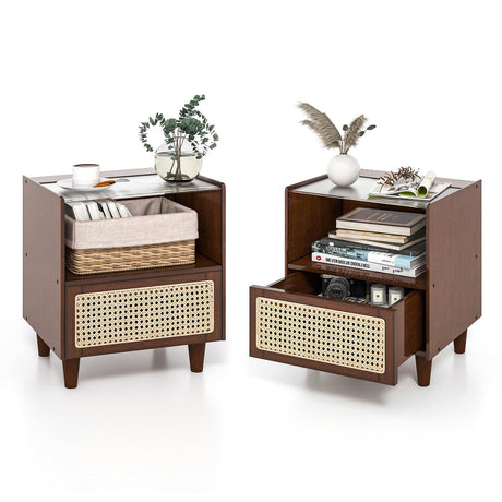 Giantex Rattan Nightstand with Drawer Set of 2, Boho Bamboo Bedside Table with Tempered Glass Top and Solid Wood Legs, 20" End Side Table with Storage, Night Stand for Bedroom, Living Room, Walnut Giantex