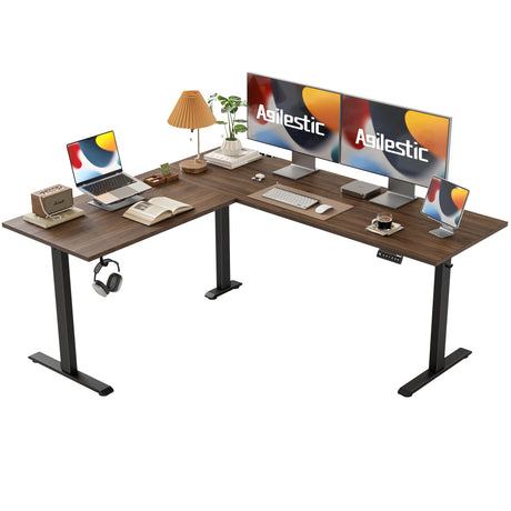 Agilestic L Shaped Standing Desk Adjustable Height, Electric Corner Standing Desk, 63 x 55 inch Sit Stand Computer Table with Splice Board, Dark Wlalnut Agilestic