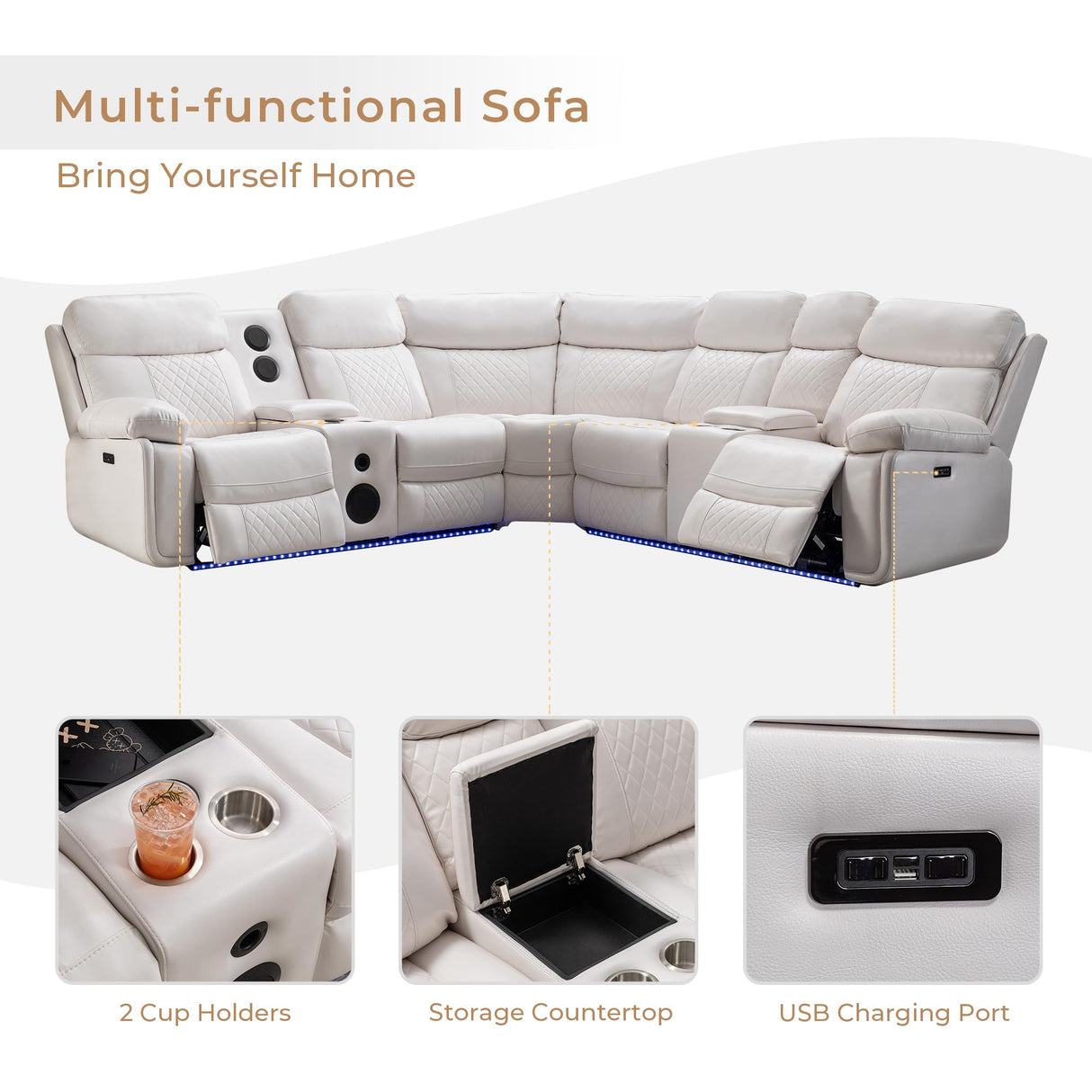 Power Recliner Sectional Sofa Wall Hugger with Bass Speakers,LED Strip,USB Ports,Storage Console,Cup Holders,Faux Leather Reclining Sectional Couch with 2 Recliners for Living Room,5 Seats,White Comfort Stretch