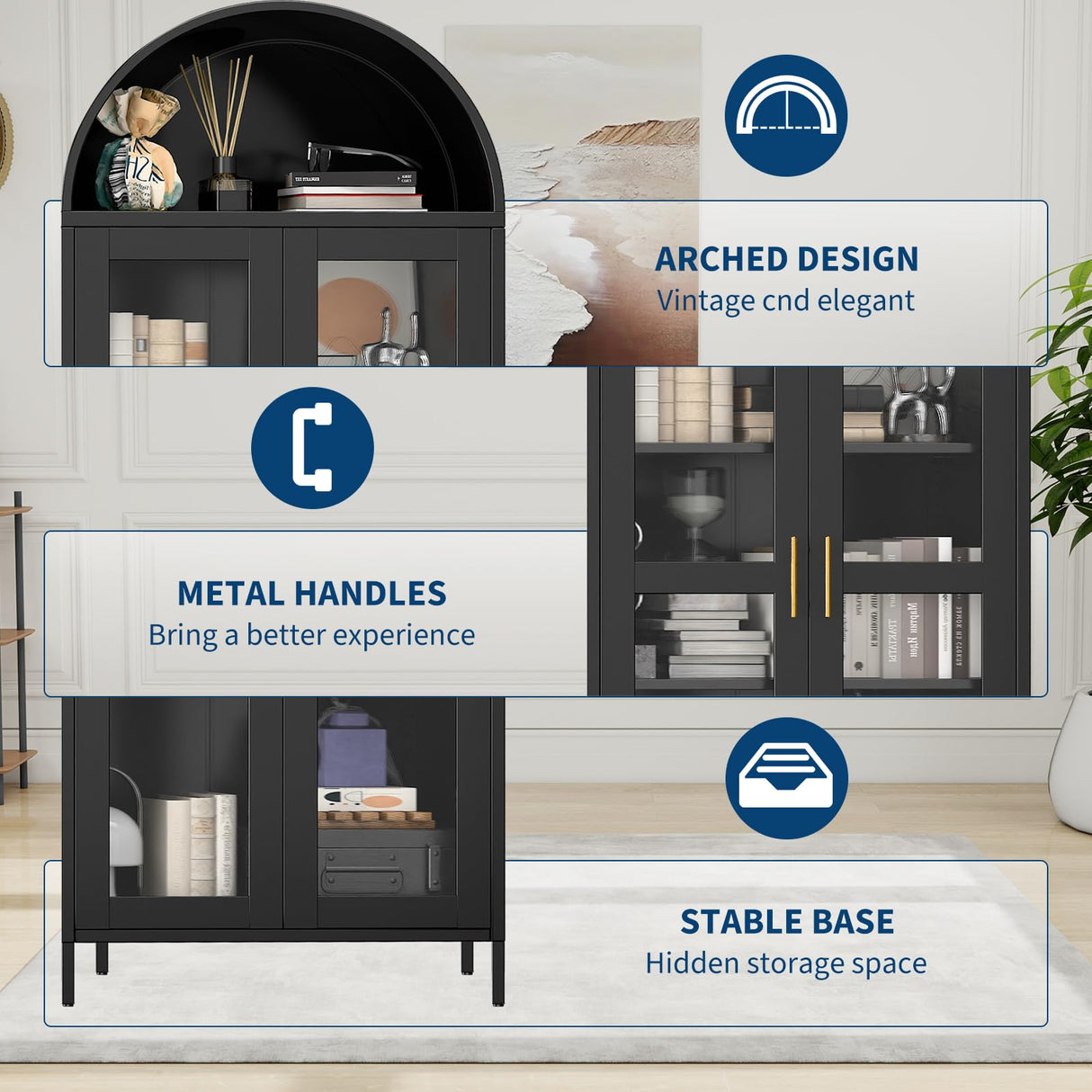 IDEALHOUSE 73In Tall Metal Arched Cabinet, Metal Storage Cabinet with 2 Adjustable Shelves,Modern Kitchen Pantry with Glass Door,Versatile Cupboard for Living/Dinning Room,Assembly Required Black IDEALHOUSE