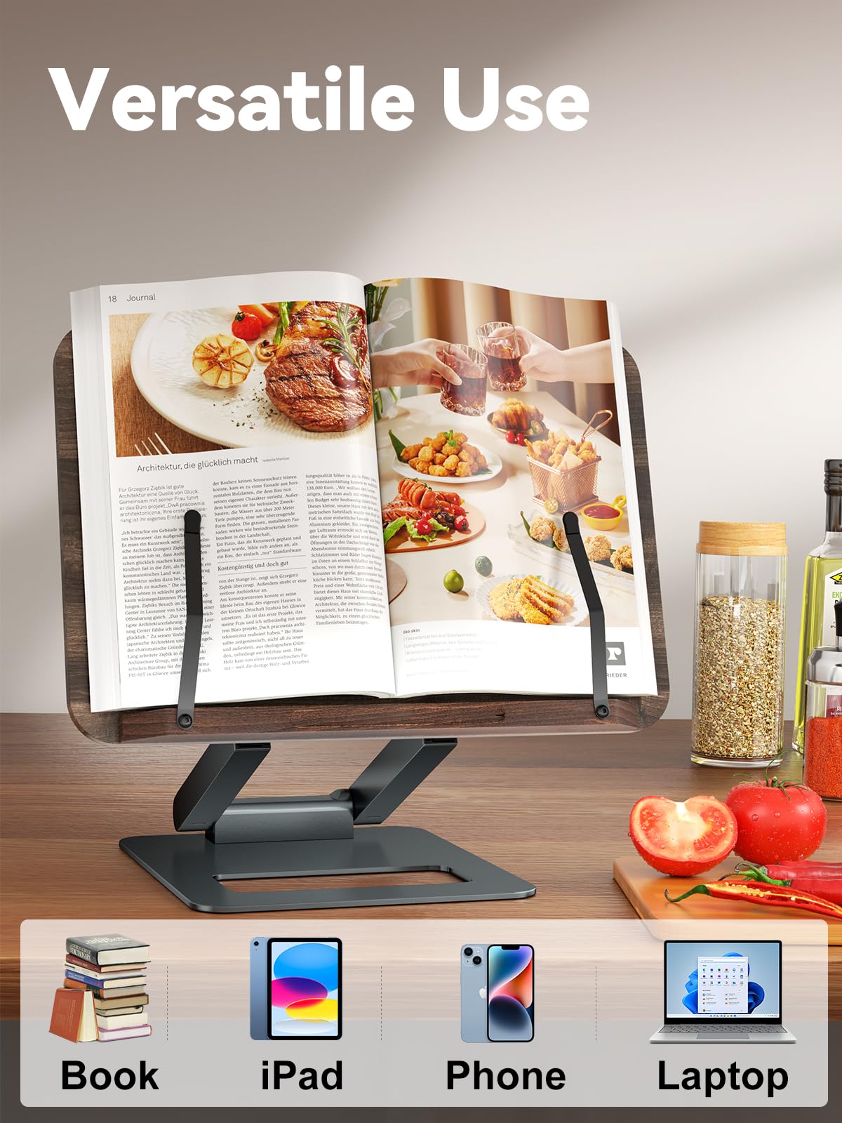 Tounee Book Stand, Telescopic Book Holder Stand, Adjustable Height Pull Out Design Ergonomic Cookbook Stand with Elastic Page Clips Fits All Books (Gray) tounee