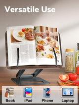 Tounee Book Stand, Telescopic Book Holder Stand, Adjustable Height Pull Out Design Ergonomic Cookbook Stand with Elastic Page Clips Fits All Books (Gray) tounee