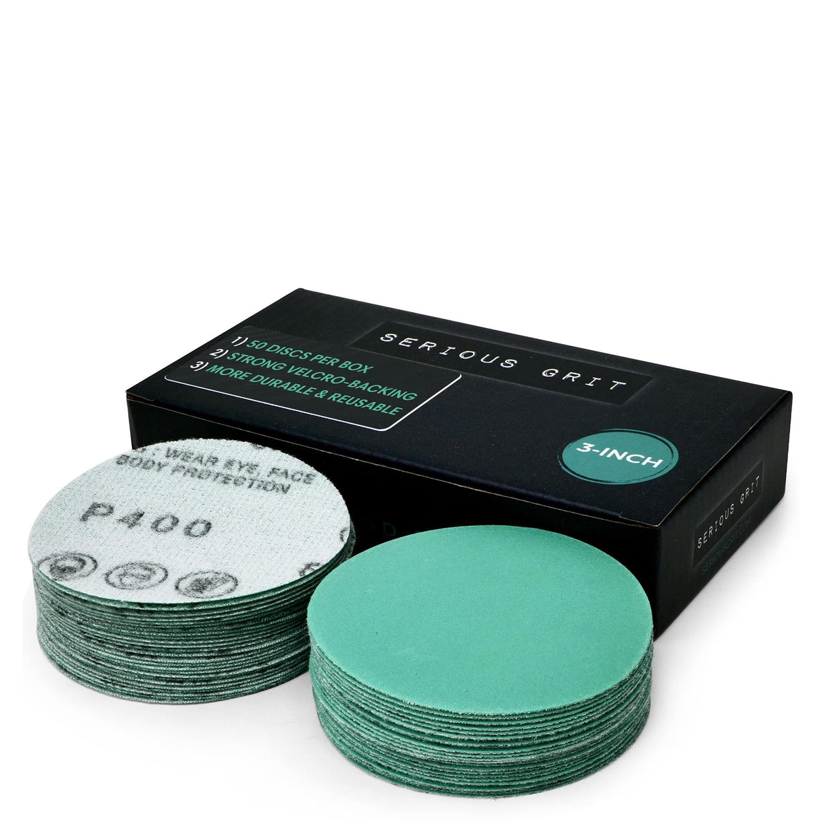 Serious Grit - 3-Inch 400 Grit Sanding Discs - Heavy-Duty Hook & Loop Film Discs - Sandpaper for Woodturning, Bowl Sanding & Power Tool Drill Attachment Sanding Pads - Pack of 50 Serious Grit