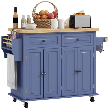 HOMCOM Kitchen Island on Wheels, Rolling Cart with Rubberwood Top, Spice Rack, Towel Rack and Drawers for Dining Room, Navy Blue HOMCOM