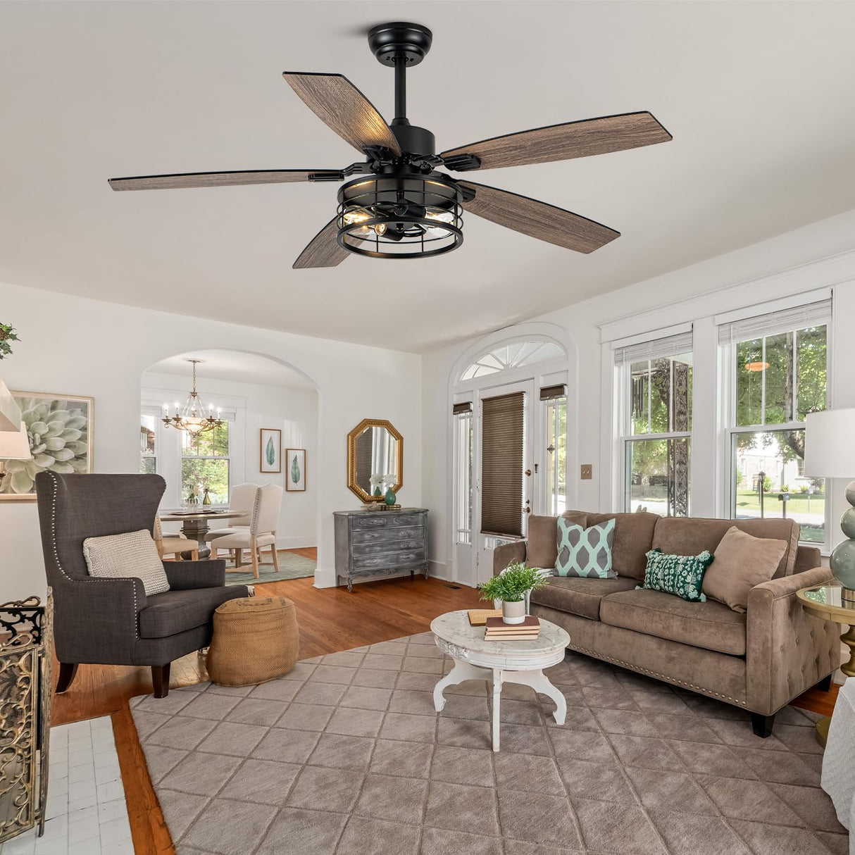 Curve Curio 52 Inch Farmhouse Ceiling Fan with Light and Remote Black Industrial Ceiling Fan Quiet and Reversible DC Motor Rustic Caged Chandelier Fan for Living Room Bedroom Patio Curve Curio