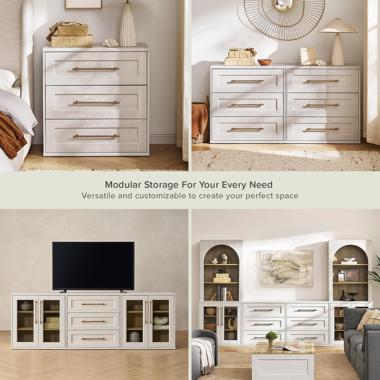 Mopio Blake 4 Piece Entertainment Center with Storage, Modern Farmhouse Wall Unit Dresser TV Stand with Tall Display Cabinets for up to 65" TVs, Trophy Display Case, Media Console Cabinet, Living Room mopio