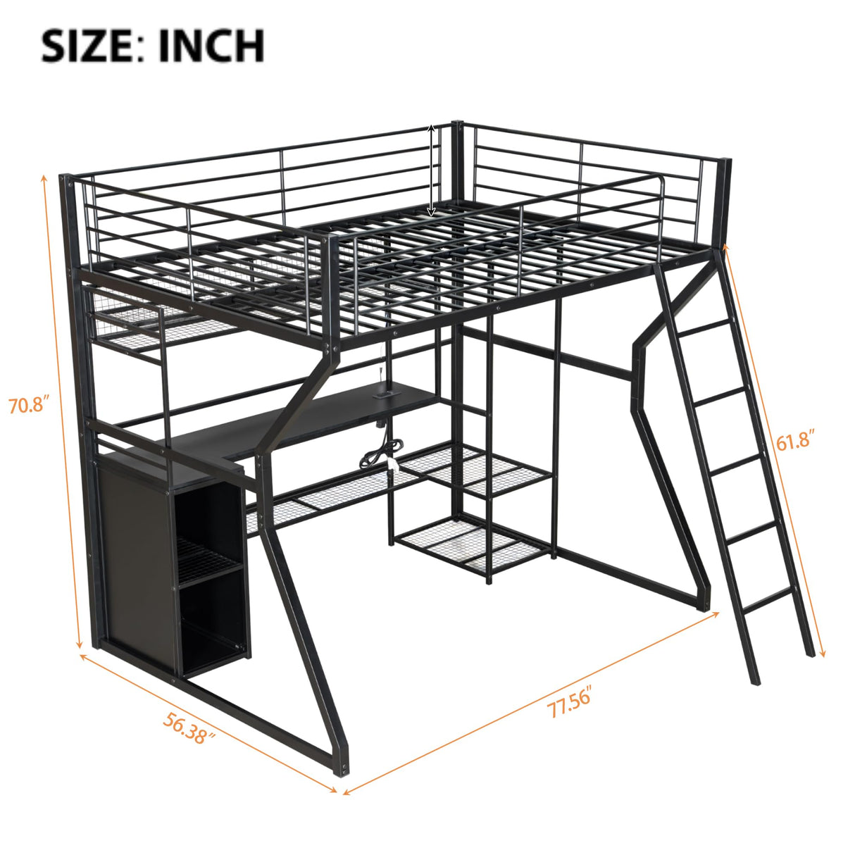 HZXINKEDZSW Full Size Metal Gaming Loft Bed with Built-in Work Station,Open Wardrobe,LED and Multiple Storage,Modern Bed Frame with Safety Guardrail for Kids Teen Bedroom Furniture (Black-15, Full) HZXINKEDZSW