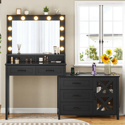 BTHFST Makeup Vanity with Glass Top & Charging Station, Vanity Desk with Large Mirror and Lights, Farmhouse Makeup Desk with Drawers & Dresser, - WoodArtSupply