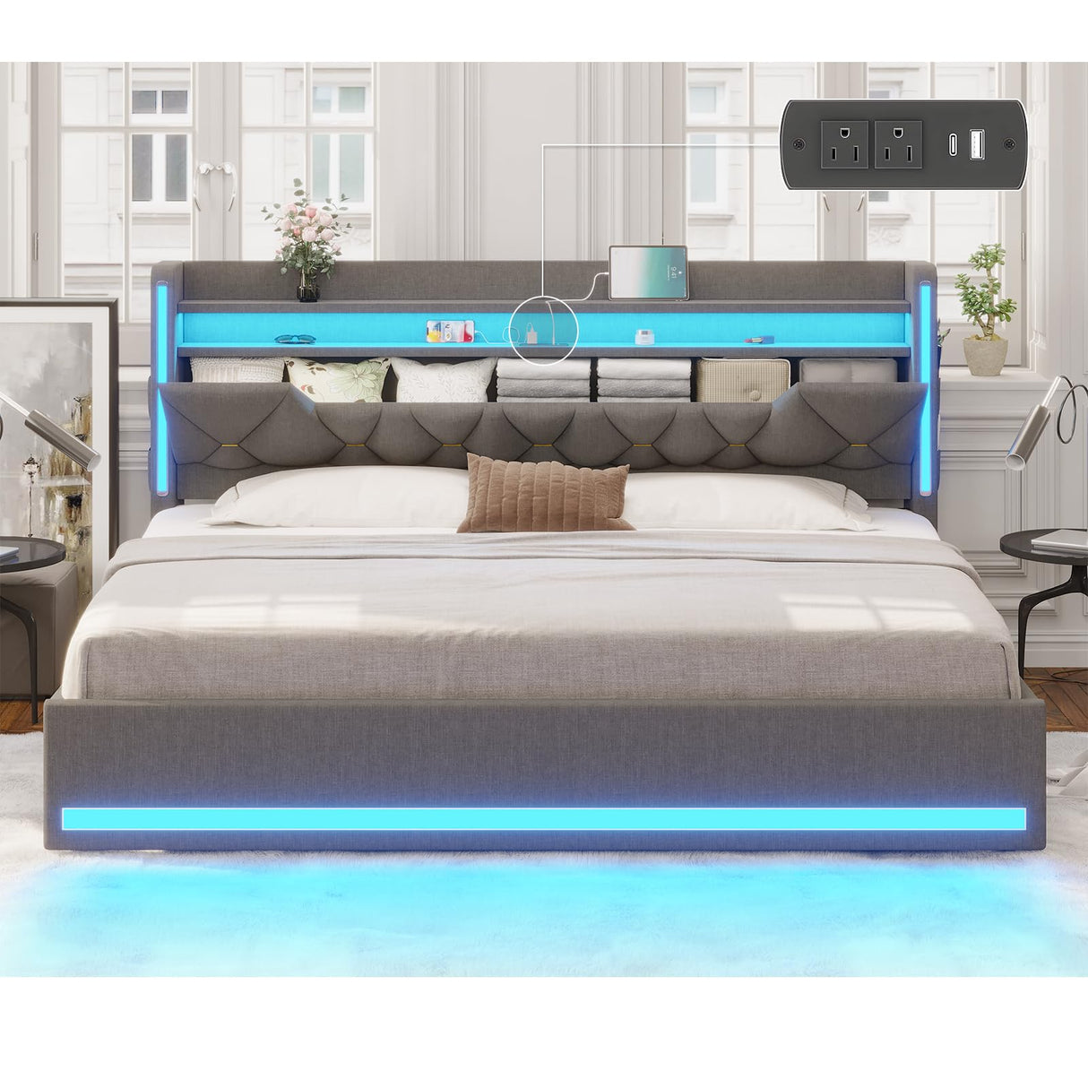 King Size Bed Frame with Marshmallow Headboard and Storage, Metal Bed Frame with LED Lights & Charging Station, Upholstered Platform King Bed with Metal Support, No Noise, No Box Spring Needed,Gray busyaeh