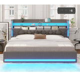 King Size Bed Frame with Marshmallow Headboard and Storage, Metal Bed Frame with LED Lights & Charging Station, Upholstered Platform King Bed with Metal Support, No Noise, No Box Spring Needed,Gray busyaeh