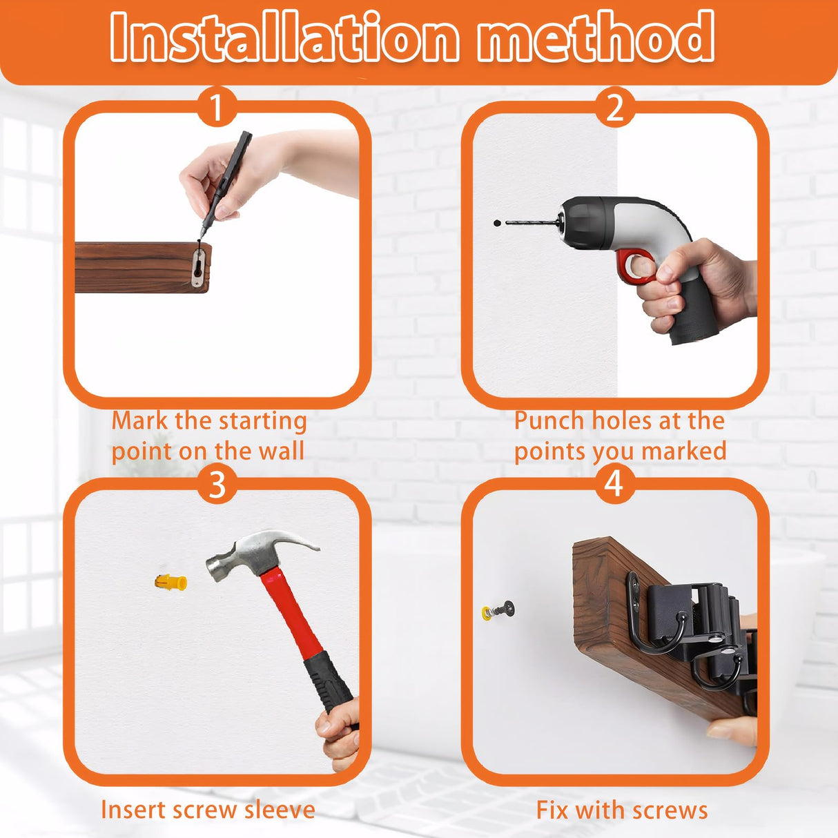 Mop and Broom Holder Wall Mount-Rustic Wood Broom Hanger Wall Mount | Laundry Room Organization and Storage Broom Organizer Wall Mount-Kitchen Decor Modern Farmhouse Wall Decor (Brown-3slots/4hooks) MG rack YF