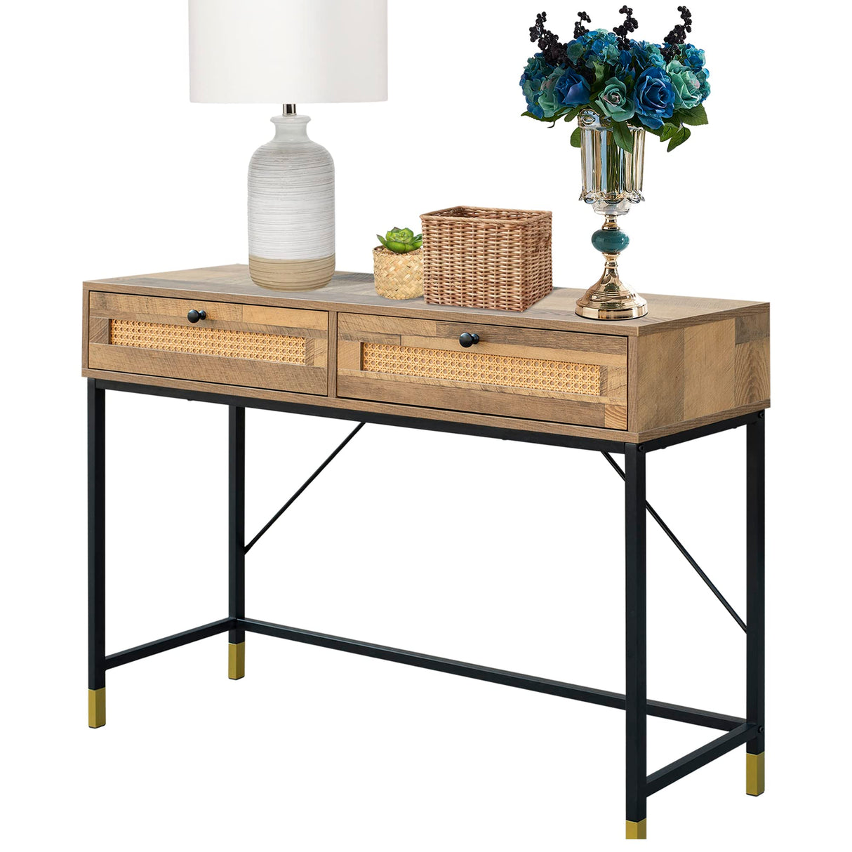 GIA Home Furniture Series Mid Century Console Table Rattan Crafted Drawers,Wood Computer Desk Installed,Salmon Oak Finishing, Black Metal Leg GIA