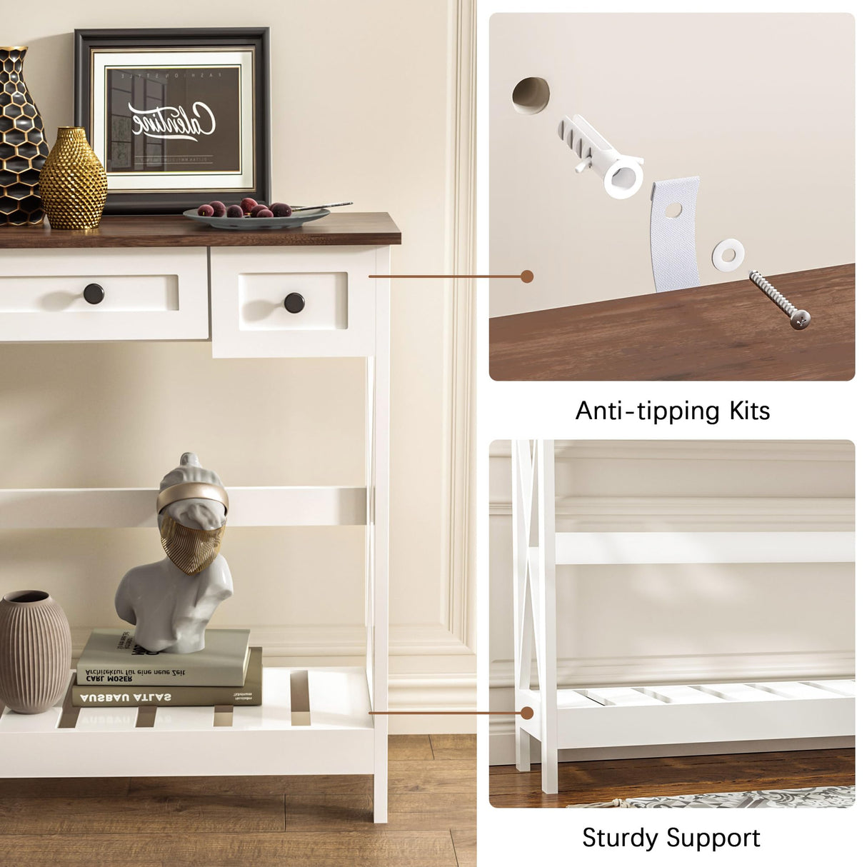 VEELOK 39.4" Farmhouse Console Table with 3 Drawers for Entryway, Rustic Entryway Table Entry Table, Sofa Table for Living Room, Hallway, Behind Couch, White and Brown VEELOK