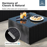 MFSTUDIO 4 Piece Wicker Patio Furniture Set, L Shaped Small Rattan Patio Sectional Sofa Couch Outdoor Conversation Sets with Navy Blue Cushions, Storage Box, Glass Coffee Table for Garden, Backyard MFSTUDIO