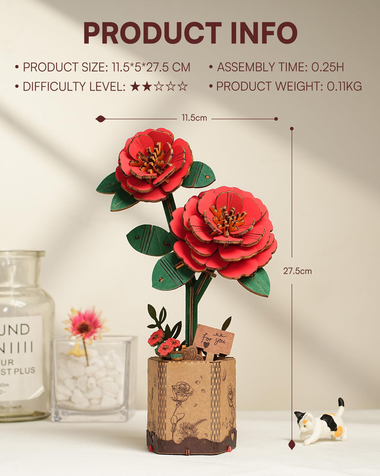 Wowood 3D Flower Wooden Puzzles for Adults-Red Camellia, DIY Wooden Flowers Model Kit Building Set Crafts for Adults to Build, Botanical Collection/Ideal Creative Gift Ideas/Housewarming (113PCS) Wowood
