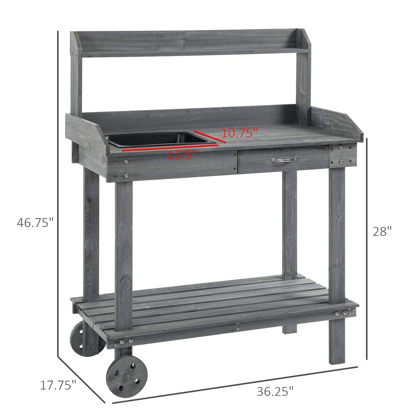 Outsunny 36'' Wooden Potting Bench Work Table with 2 Removable Wheels, Sink, Drawer & Large Storage Spaces, Gray - WoodArtSupply