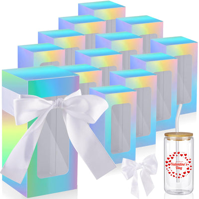 Fulmoon 36 Sublimation Glass Gift Boxes with Ribbon Sets, Christmas Thank You Tumbler Cup Exhibition Boxes, Shipping Blanks Sublimation Gift Wrapping for 12 16 18oz Glass Cup(Holographic)