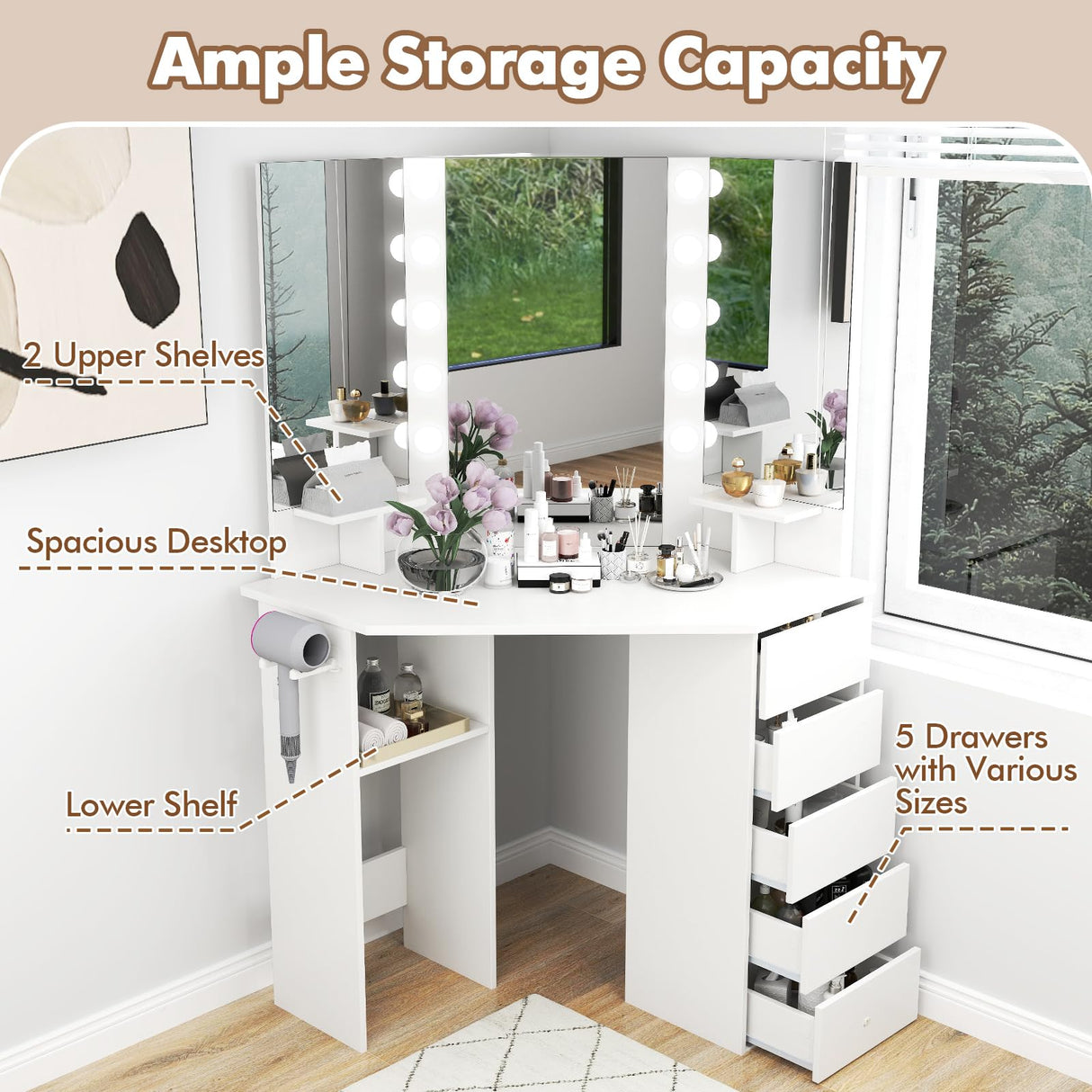 GOFLAME Corner Vanity with Mirror and Lights, Compact Vanity Table with Charging Station, 3 Lighting Modes, 5 Drawers, Dressing Table, Modern Makeup Vanity Desk with Triple Mirror for Bedroom (White) GOFLAME