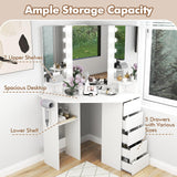 GOFLAME Corner Vanity with Mirror and Lights, Compact Vanity Table with Charging Station, 3 Lighting Modes, 5 Drawers, Dressing Table, Modern Makeup Vanity Desk with Triple Mirror for Bedroom (White) GOFLAME