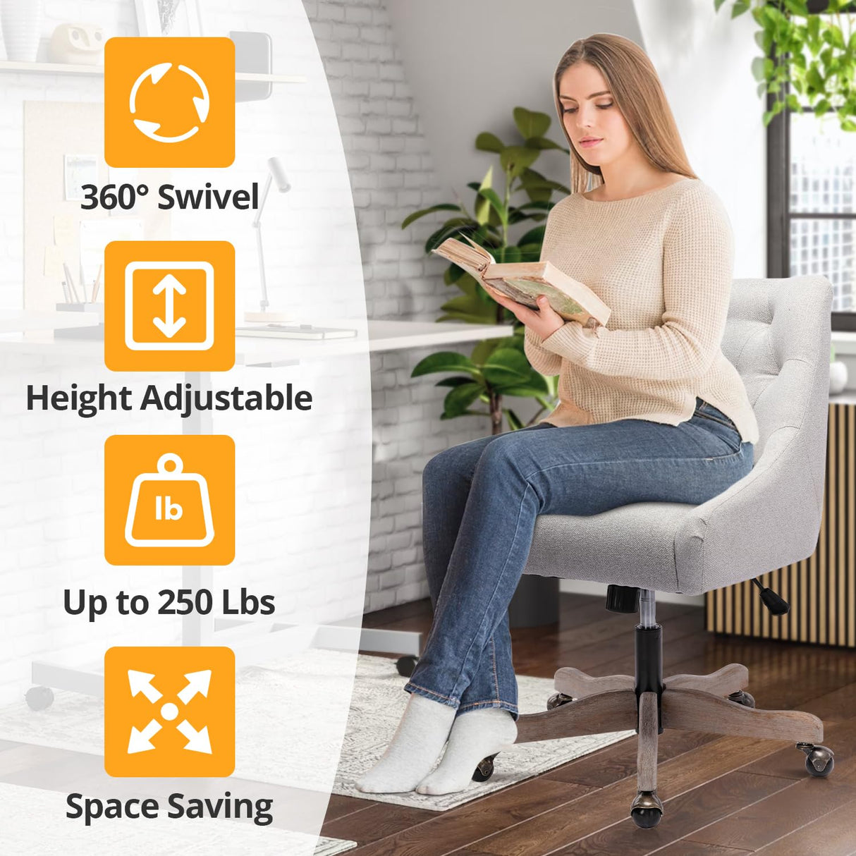 Swivel Home Office Chair, Modern Fabric Upholstered Tufted Accent Computer Desk Chair with Ergonomic Wide Backrest and Wooden Legs, Height Adjustable Swivel Vanity Chair for Office, Beige Zaboro