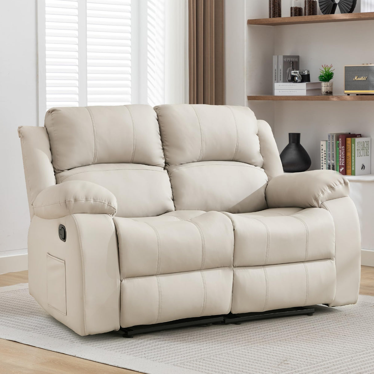 GNMLP2020 Reclining Loveseat Sofa Leather Recliner Couch 2 Seater Sofa for Living Room, Home Theater Seating(Loveseat,Beige) GNMLP2020