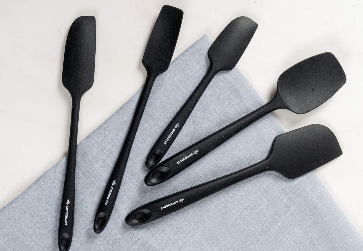 KITCHENLOVE Premium 600°F Heat Resistant 5 Piece Silicone Spatula Set for Baking, Cooking, Mixing - Non-Stick with High Grade S-Iron Steel Core - One Piece Seamless Design - BPA Free (Black) KITCHENLOVE
