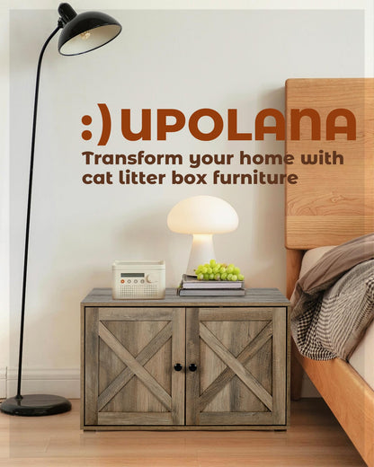 Upolana Cat Litter Box Enclosure, 32 inch Hidden Litter Box Furniture with Divider, Wooden Kitty Litter Box Cabinet End Side Table, Greige - WoodArtSupply