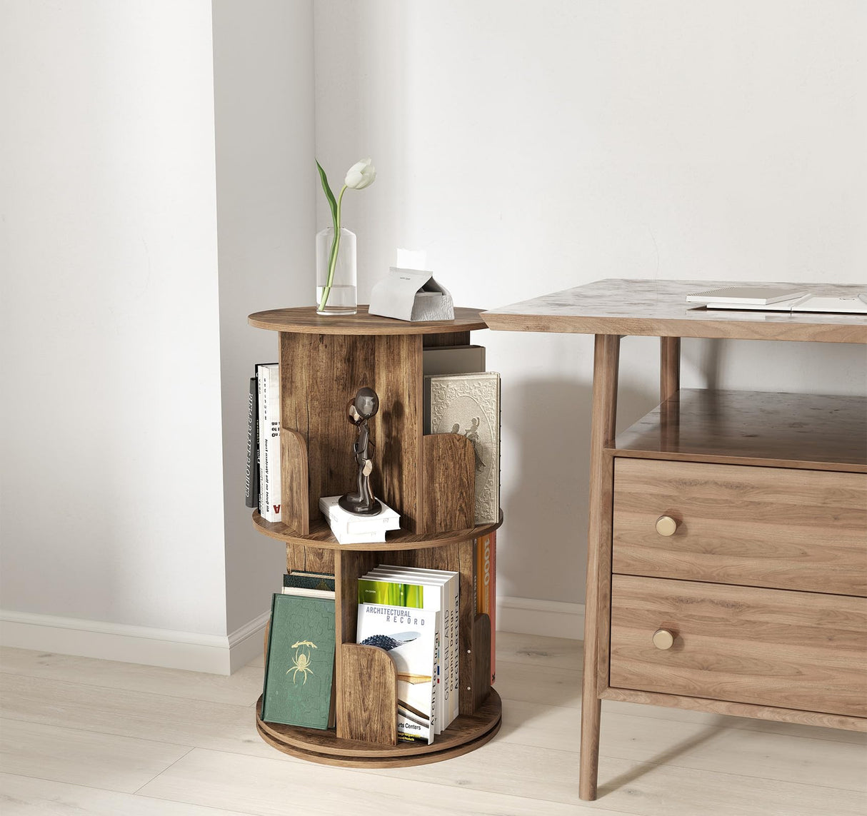 Suuiwau 2-Tier Rotating Bookshelf, 360° Spinning Corner Bookcase Space-Saving Storage Rack for Living Room, Bedroom, Office, Kids Room Suuiwau