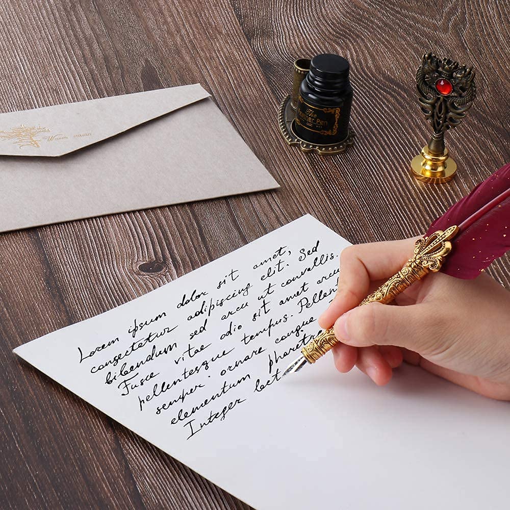 Karhood Quill Pen and Ink Set - Feather Calligraphy Dip Pen with Wax Seal Stamp Kit and 5 Nibs (Red) Karhood