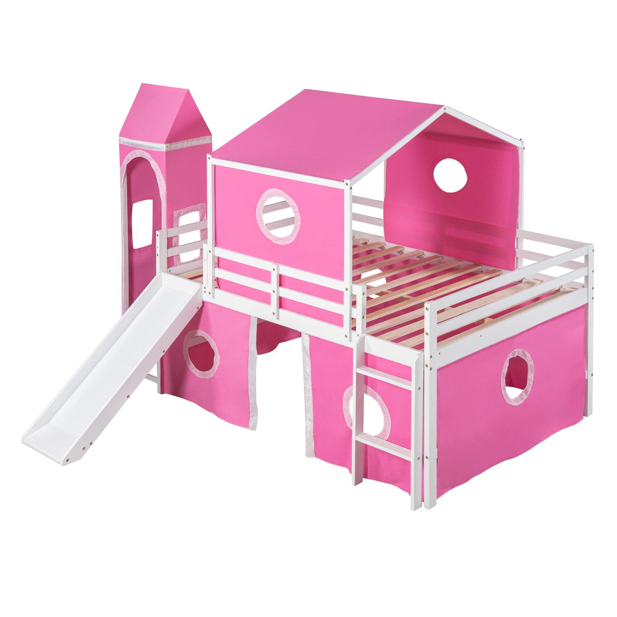 House Full Loft Bed Frame with Slide and Tent, Full Size Loft Bed with Small Pinnacle and Ladders, Wood Full Bunk Beds, Playhouse Bed Frame for Kids, Teens, Boys & Girls (Full Size, Pink) Harper & Bright Designs