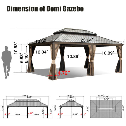 Domi 14'x24' Hardtop Gazebo Canopy,Outdoor Aluminum Gazebo with Galvanized Steel Double Roof,Large Permanent Gazebo Pavilion for Patio Deck Backyard,Curtain and Netting, Dark Brown - WoodArtSupply