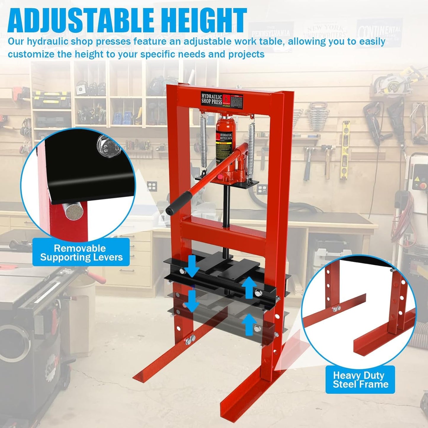 WEAGP 6 Ton Hydraulic Shop Press, H-Frame Floor Mount Hydraulic Press with Press Plates Adjustable Working Table Height, 6 Ton Shop Press for Car Repair and Garage, Red - WoodArtSupply