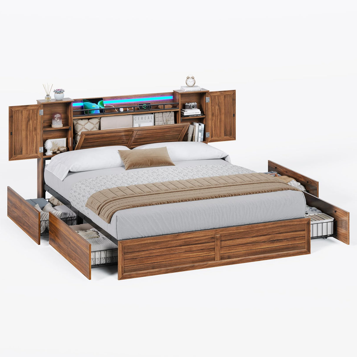VIAGDO Farmhouse Queen Bed Frame with Headboard and Double Barn Door Storage Cabinets, Rustic Wooden Bed Frame Queen Size with Charging Station, 4 Drawers and LED Lights, No Box Spring Needed, Brown VIAGDO