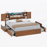 VIAGDO Farmhouse Queen Bed Frame with Headboard and Double Barn Door Storage Cabinets, Rustic Wooden Bed Frame Queen Size with Charging Station, 4 Drawers and LED Lights, No Box Spring Needed, Brown VIAGDO