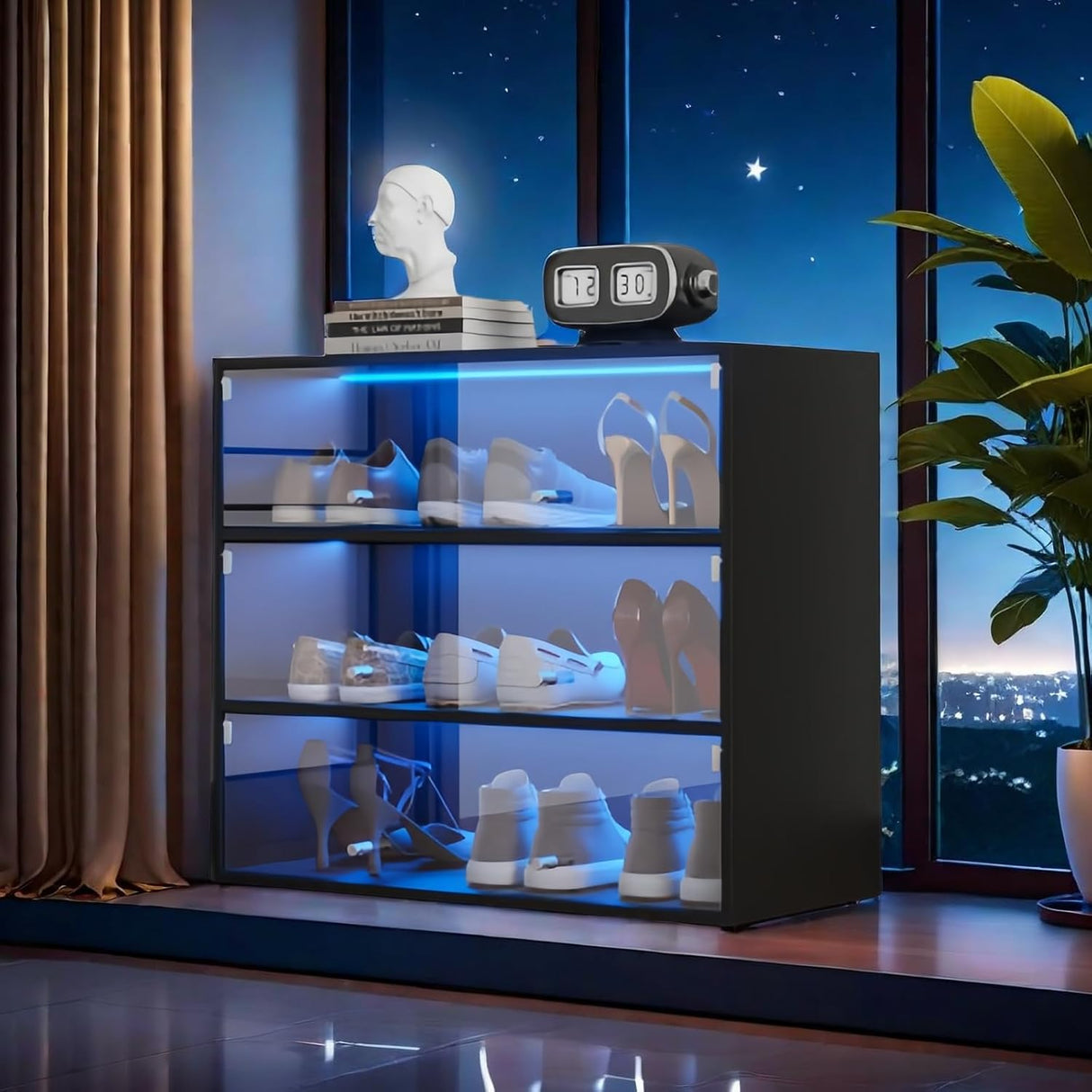 Shoe Storage Box - 3-Tier Wooden Shoe Storage Box with Flip Glass Door - Shoe Organizer Storage Box with RGB Led Light for Up to 9-12 Pairs of Shoes. (3 Tier) LGLRTD