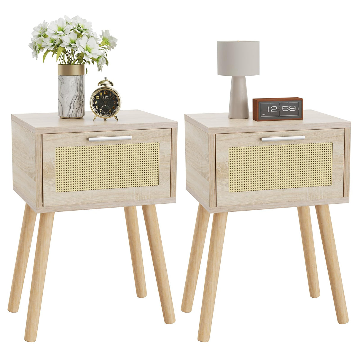 YMYNY Nightstand Set of 2, End Table, Small Bedside Table, Handmade Rattan Decorated Drawer, Solid Wood Legs, Modern Side Table for Bedroom and Small Spaces, Natural UHST010N-2 YMYNY