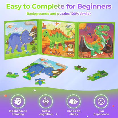 Nattork Magnetic Puzzle Book for Toddlers 3-6 Girls Boys,Travel Puzzles Game for Kids Ages 3-6,Learning Magnet with Fun for 3 4 5 6 Years Old Children Boys Girls Dinosaur