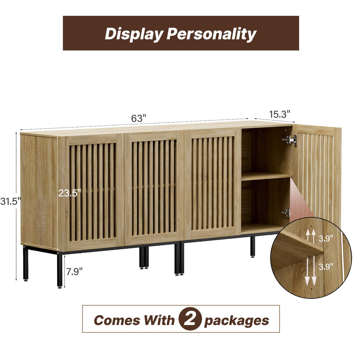 Qufusaty Storage Cabinet, 63" Farmhouse Buffet with Metal Base and Adjustable Shelves, Sideboard Coffee Bar with 4 Doors for Kitchen, Dining Room, Living Room, Oak Qufusaty