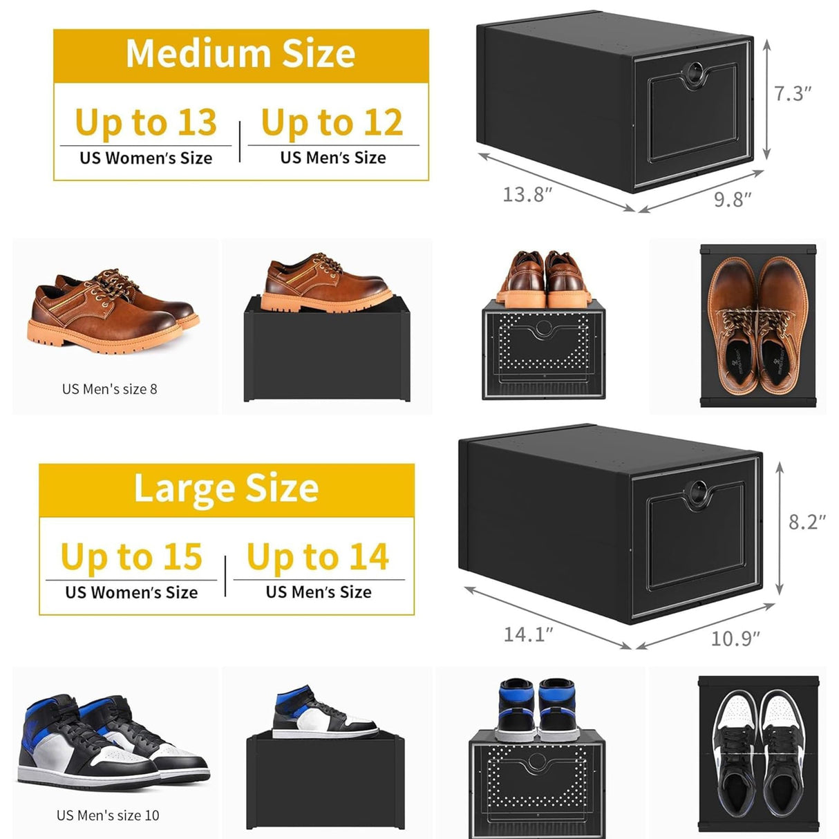 DWVO Large 18 Pack Shoe Storage Boxes, Plastic Stackable Shoe Storage Organizer for Closet, Fit up to US Size 13, Foldable Shoe Rack Clear Sneaker Containers (Black, Large) DWVO